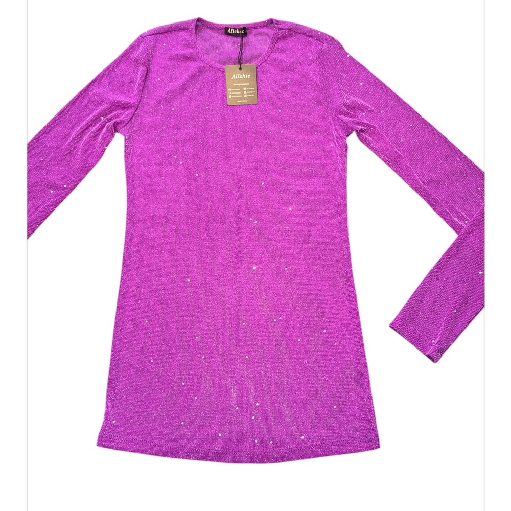 Allchic Womens Purple Sparkly Glitter Long‎ Sleeve Crewneck Top Size S New